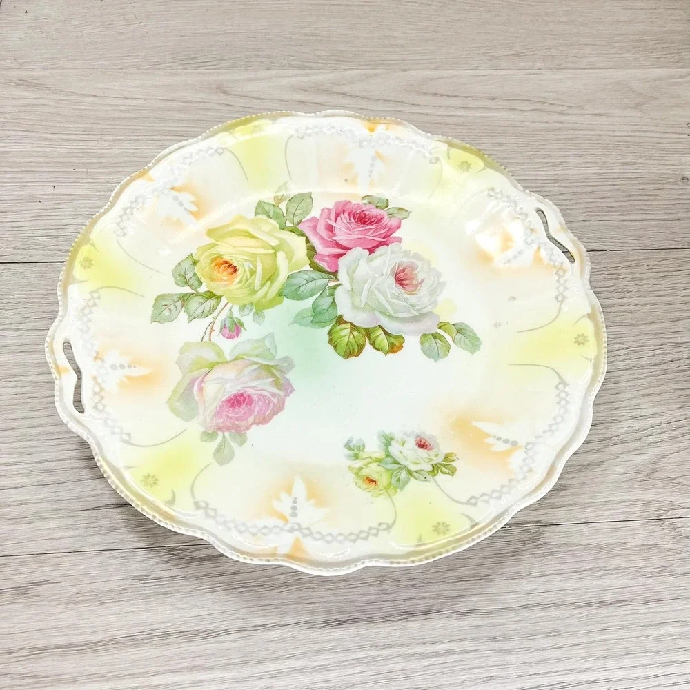 Antique Floral Platter with Handles‎ and Pink Roses